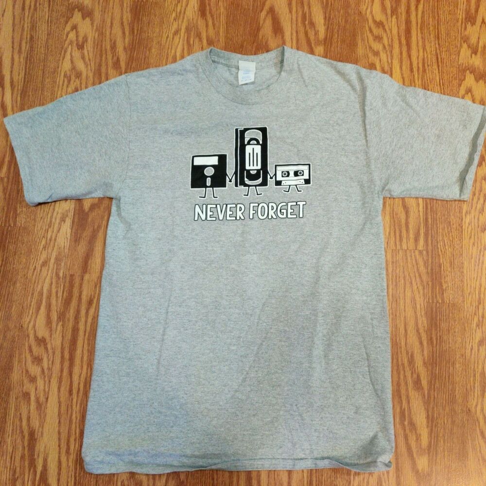Never Forget Floppy Disc VCR Tape Cassette holding hands t-shirt Men L Tall